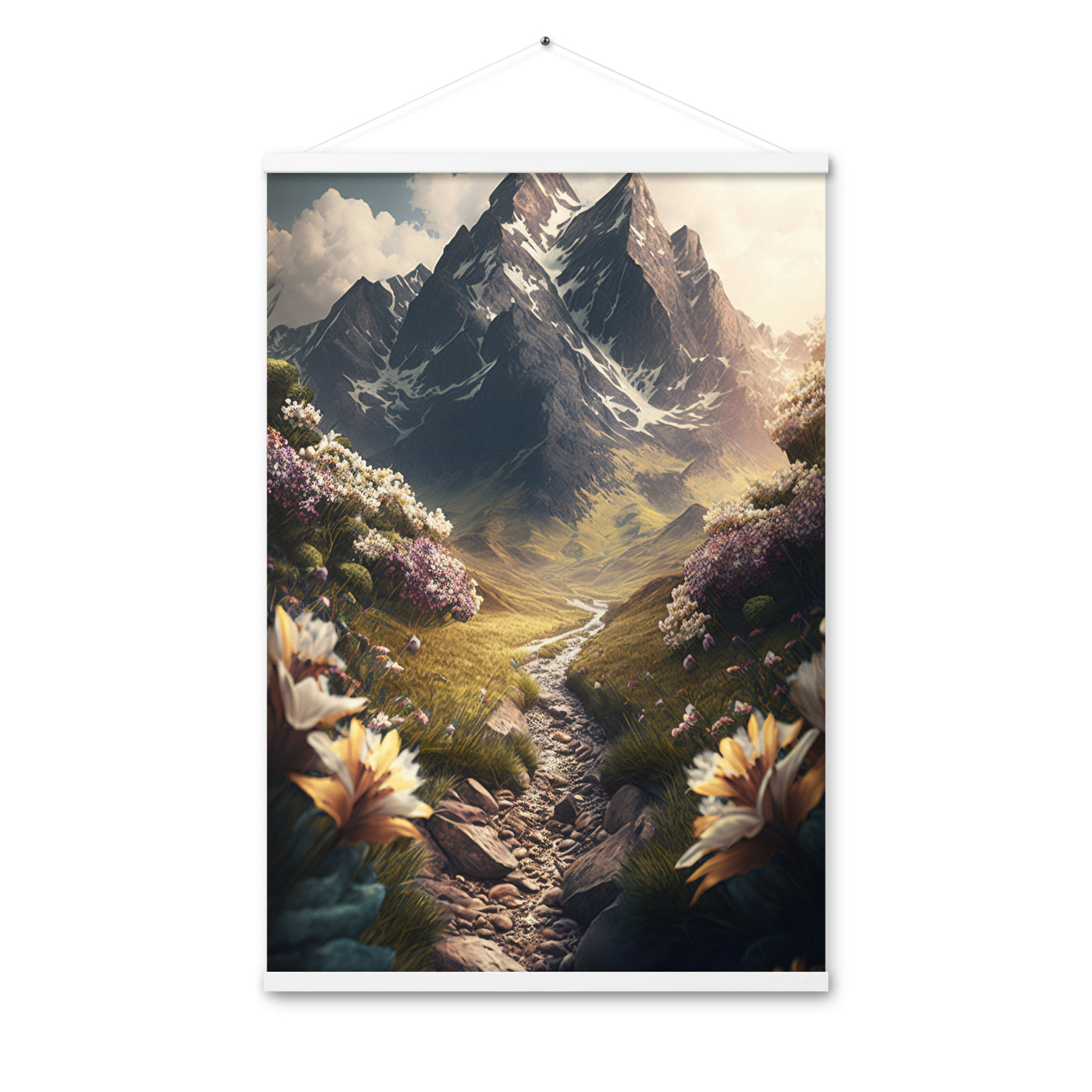 Epischer Berg, steiniger Weg und Blumen - Realistische Malerei - Premium Poster mit Aufhängung berge xxx 61 x 91.4 cm