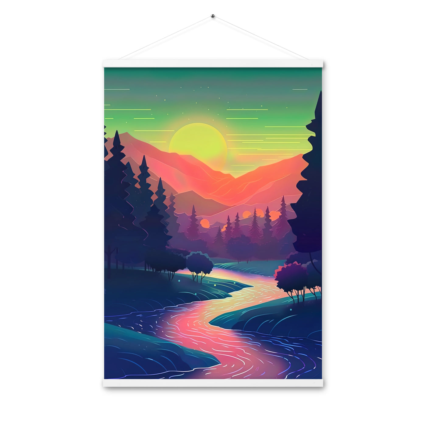 Berge, Fluss, Sonnenuntergang - Malerei - Premium Poster mit Aufhängung berge xxx 61 x 91.4 cm
