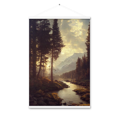 Landschaft mit Bergen, Fluss und Bäumen - Malerei - Premium Poster mit Aufhängung berge xxx 61 x 91.4 cm