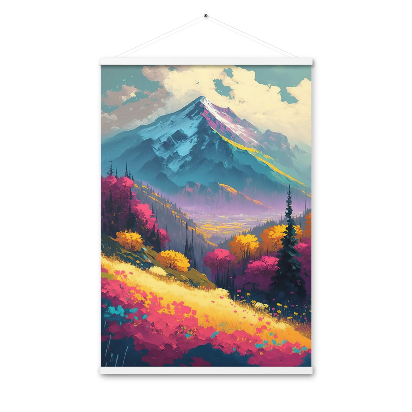 Berge, pinke und gelbe Bäume, sowie Blumen - Farbige Malerei - Premium Poster mit Aufhängung berge xxx 61 x 91.4 cm