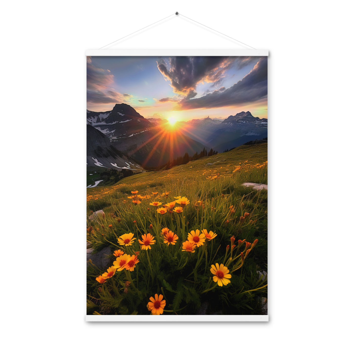 Gebirge, Sonnenblumen und Sonnenaufgang - Premium Poster mit Aufhängung berge xxx 61 x 91.4 cm