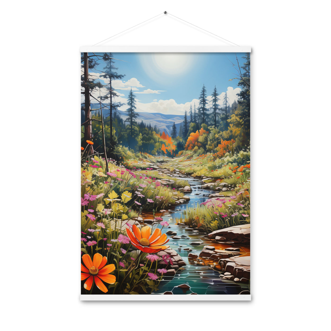 Berge, schöne Blumen und Bach im Wald - Premium Poster mit Aufhängung berge xxx 61 x 91.4 cm
