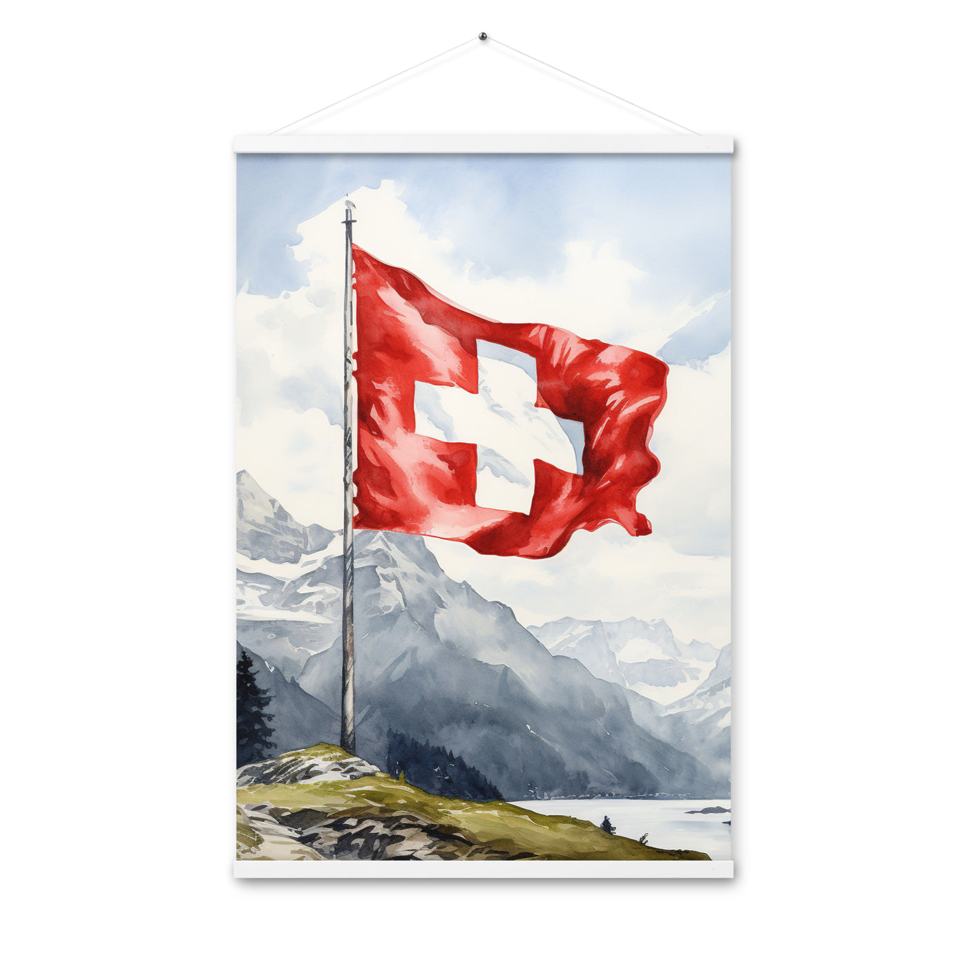 Schweizer Flagge und Berge im Hintergrund - Epische Stimmung - Malerei - Premium Poster mit Aufhängung berge xxx 61 x 91.4 cm