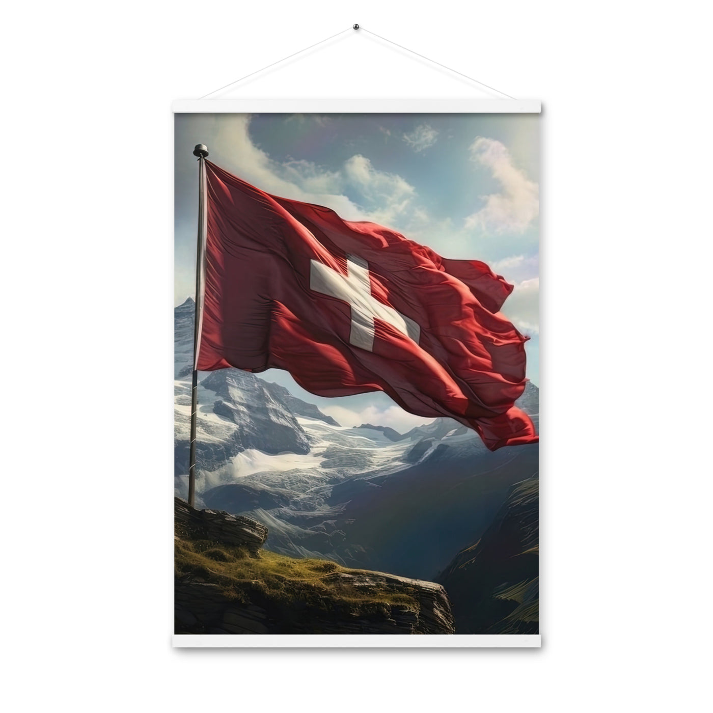 Schweizer Flagge und Berge im Hintergrund - Fotorealistische Malerei - Premium Poster mit Aufhängung berge xxx 61 x 91.4 cm