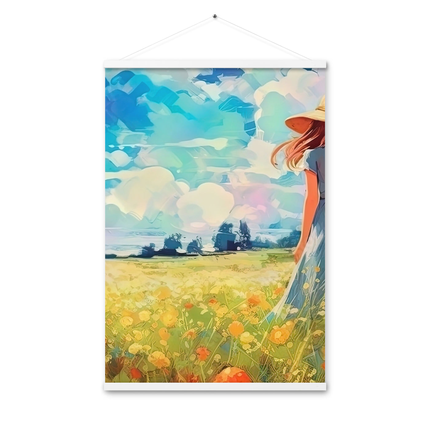 Dame mit Hut im Feld mit Blumen - Landschaftsmalerei - Premium Poster mit Aufhängung camping xxx 61 x 91.4 cm