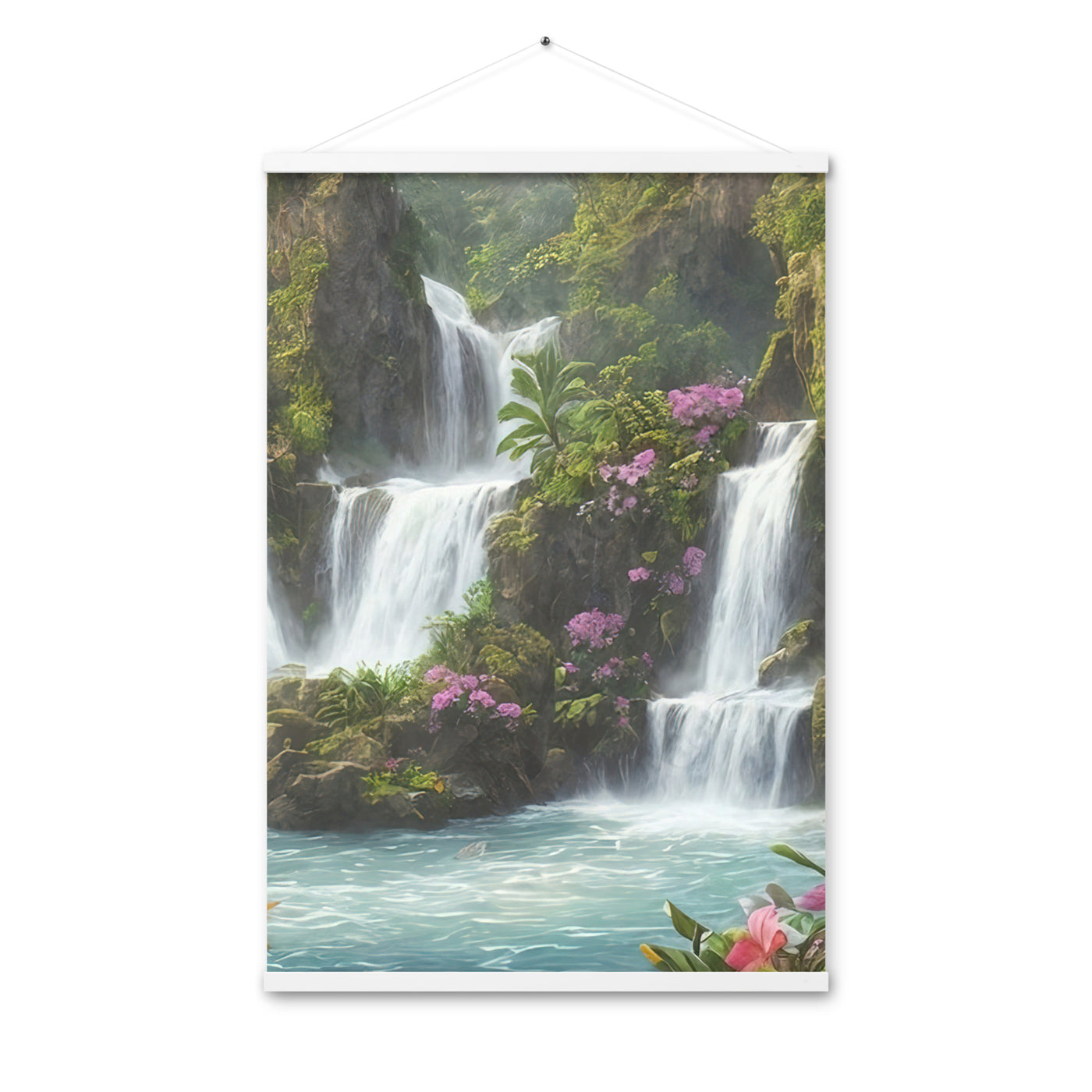 Wasserfall im Wald und Blumen - Schöne Malerei - Premium Poster mit Aufhängung camping xxx 61 x 91.4 cm