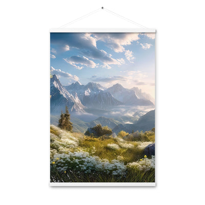 Berglandschaft mit Sonnenschein, Blumen und Bäumen - Malerei - Premium Poster mit Aufhängung berge xxx 61 x 91.4 cm