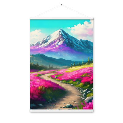 Berg, pinke Blumen und Wanderweg - Landschaftsmalerei - Premium Poster mit Aufhängung berge xxx 61 x 91.4 cm