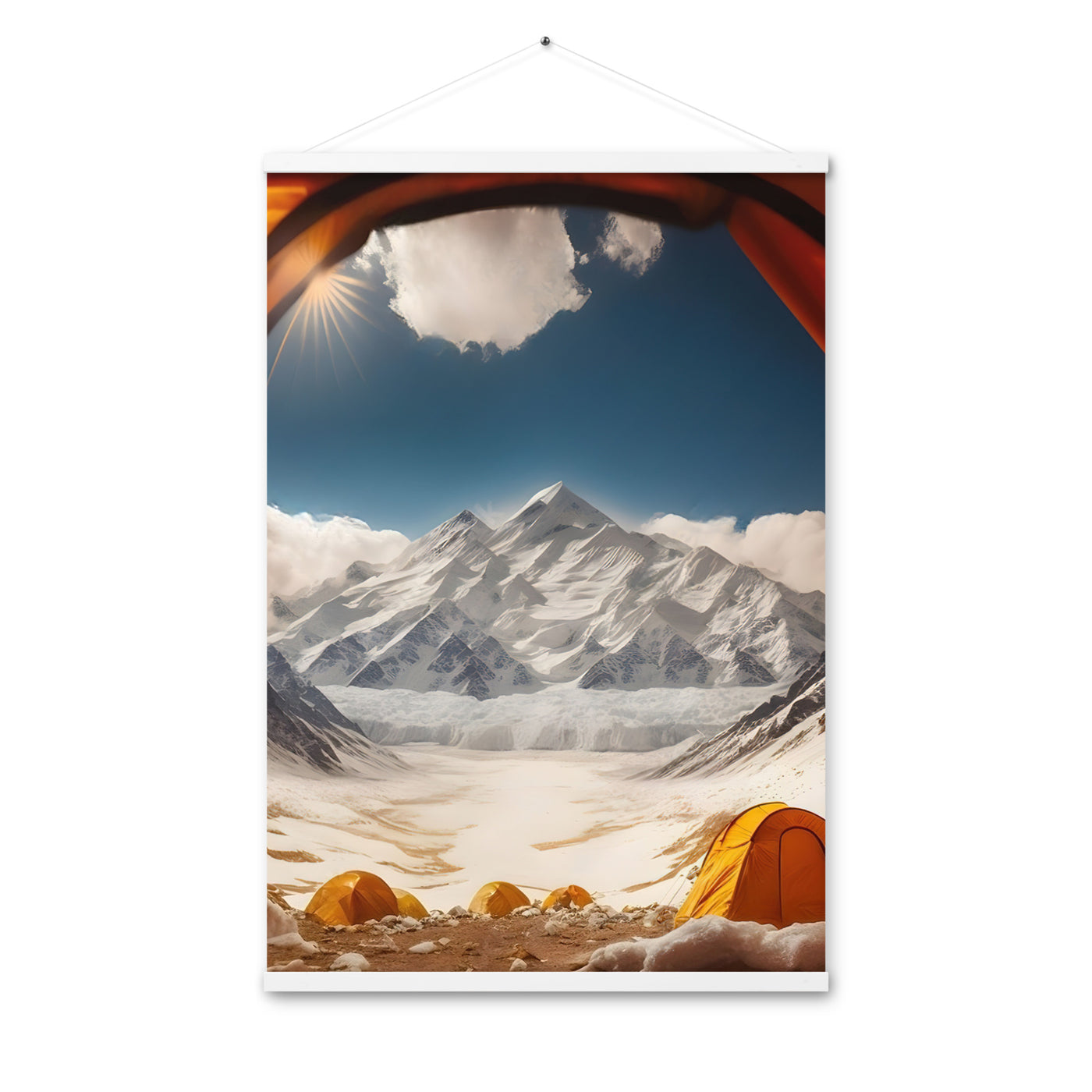 Foto aus dem Zelt - Berge und Zelte im Hintergrund - Tagesaufnahme - Premium Poster mit Aufhängung camping xxx 61 x 91.4 cm
