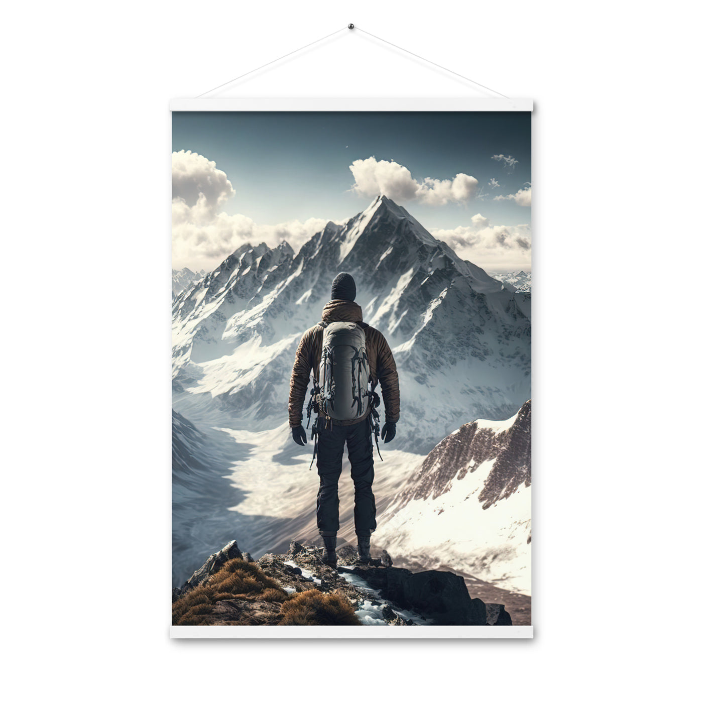 Wanderer auf Berg von hinten - Malerei - Premium Poster mit Aufhängung berge xxx Weiß 61 x 91.4 cm