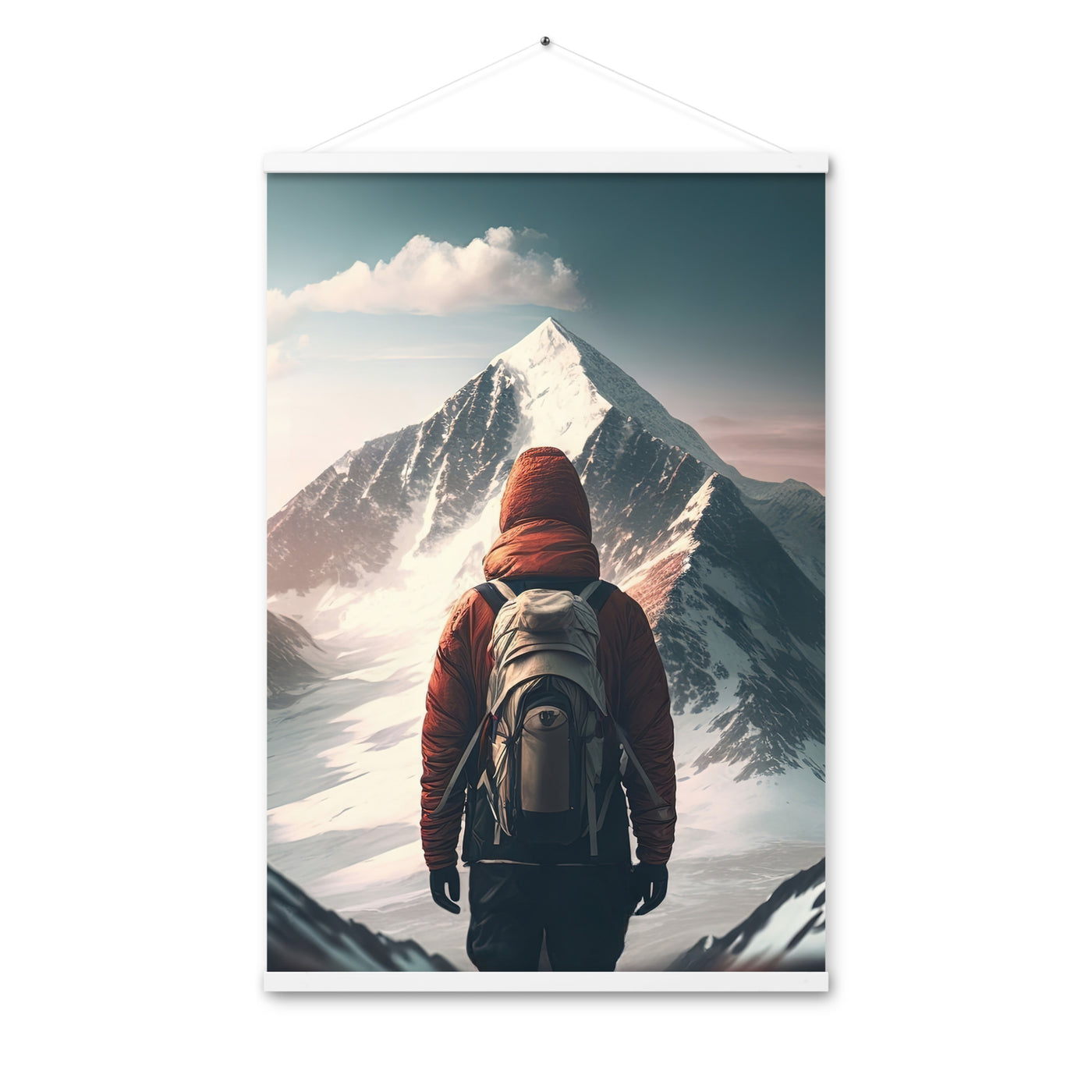 Wanderer von hinten vor einem Berg - Malerei - Premium Poster mit Aufhängung berge xxx Weiß 61 x 91.4 cm