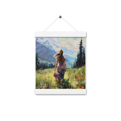 Frau mit langen Kleid im Feld mit Blumen - Berge im Hintergrund - Malerei - Premium Poster mit Aufhängung berge xxx 20.3 x 25.4 cm