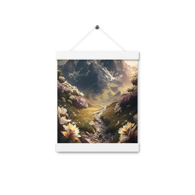 Epischer Berg, steiniger Weg und Blumen - Realistische Malerei - Premium Poster mit Aufhängung berge xxx 20.3 x 25.4 cm