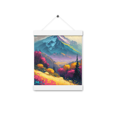Berge, pinke und gelbe Bäume, sowie Blumen - Farbige Malerei - Premium Poster mit Aufhängung berge xxx 20.3 x 25.4 cm