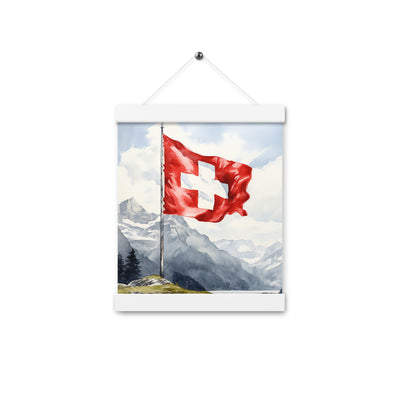 Schweizer Flagge und Berge im Hintergrund - Epische Stimmung - Malerei - Premium Poster mit Aufhängung berge xxx 20.3 x 25.4 cm