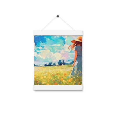 Dame mit Hut im Feld mit Blumen - Landschaftsmalerei - Premium Poster mit Aufhängung camping xxx 20.3 x 25.4 cm