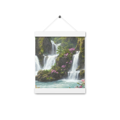 Wasserfall im Wald und Blumen - Schöne Malerei - Premium Poster mit Aufhängung camping xxx 20.3 x 25.4 cm