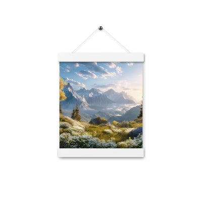 Berglandschaft mit Sonnenschein, Blumen und Bäumen - Malerei - Premium Poster mit Aufhängung berge xxx 20.3 x 25.4 cm