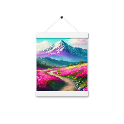 Berg, pinke Blumen und Wanderweg - Landschaftsmalerei - Premium Poster mit Aufhängung berge xxx 20.3 x 25.4 cm