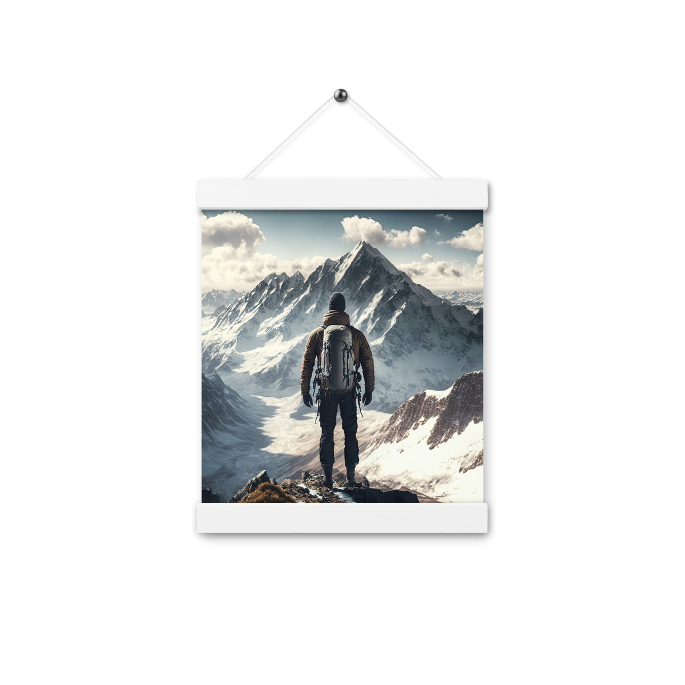 Wanderer auf Berg von hinten - Malerei - Premium Poster mit Aufhängung berge xxx Weiß 20.3 x 25.4 cm