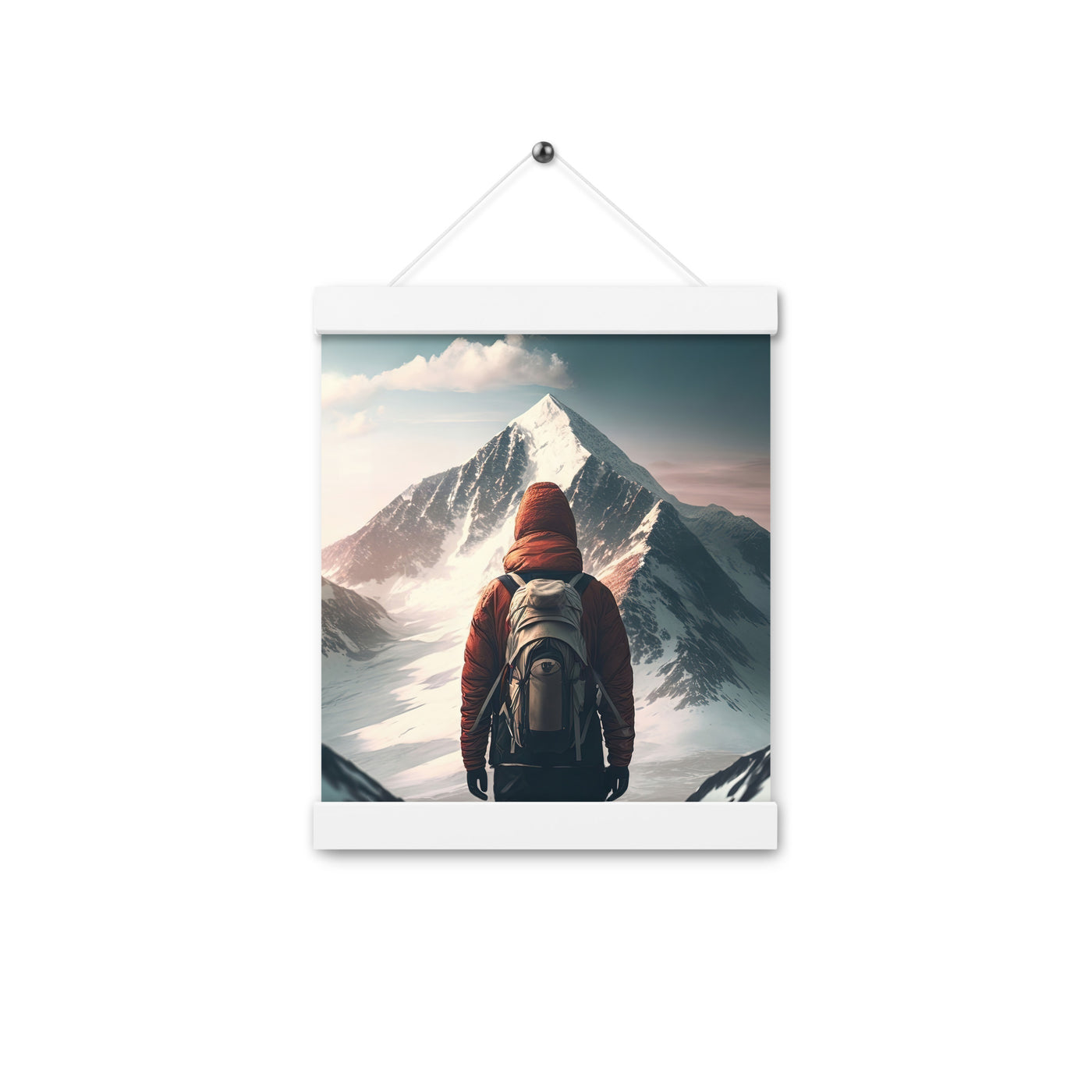 Wanderer von hinten vor einem Berg - Malerei - Premium Poster mit Aufhängung berge xxx Weiß 20.3 x 25.4 cm