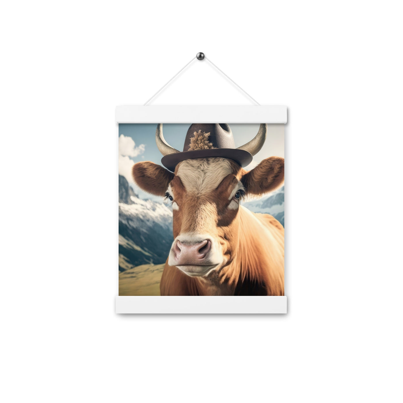 Kuh mit Hut in den Alpen - Berge im Hintergrund - Landschaftsmalerei - Premium Poster mit Aufhängung berge xxx Weiß 20.3 x 25.4 cm