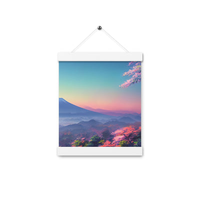 Berg und Wald mit pinken Bäumen - Landschaftsmalerei - Premium Poster mit Aufhängung berge xxx Weiß 20.3 x 25.4 cm