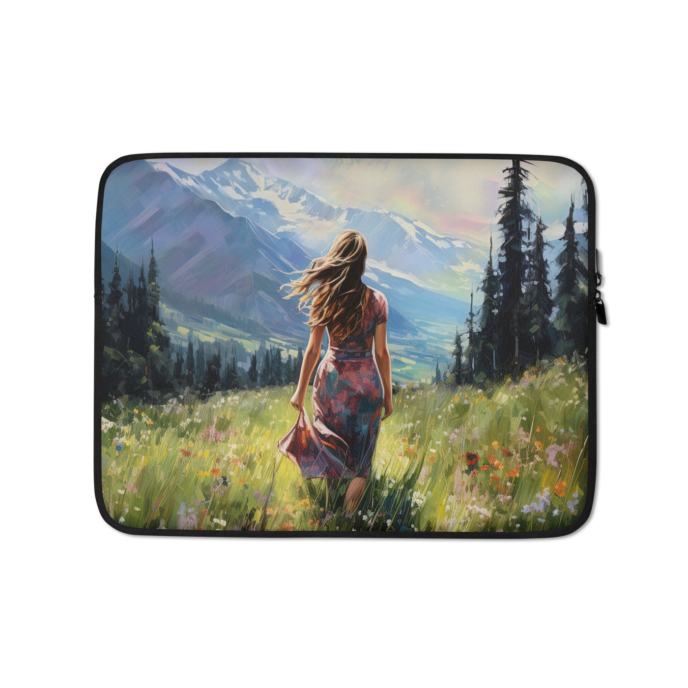 Frau mit langen Kleid im Feld mit Blumen - Berge im Hintergrund - Malerei - Laptophülle berge xxx 13″