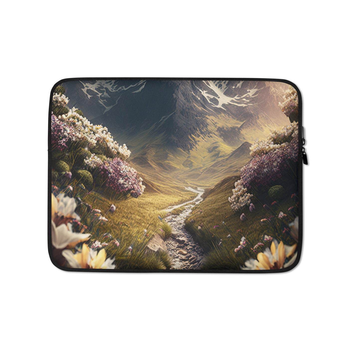 Epischer Berg, steiniger Weg und Blumen - Realistische Malerei - Laptophülle berge xxx 13″