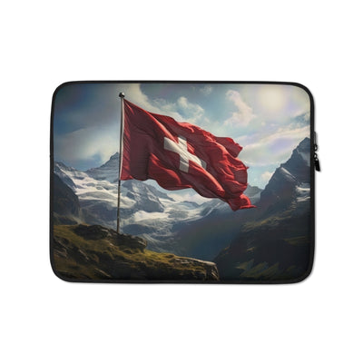 Schweizer Flagge und Berge im Hintergrund - Fotorealistische Malerei - Laptophülle berge xxx 13″
