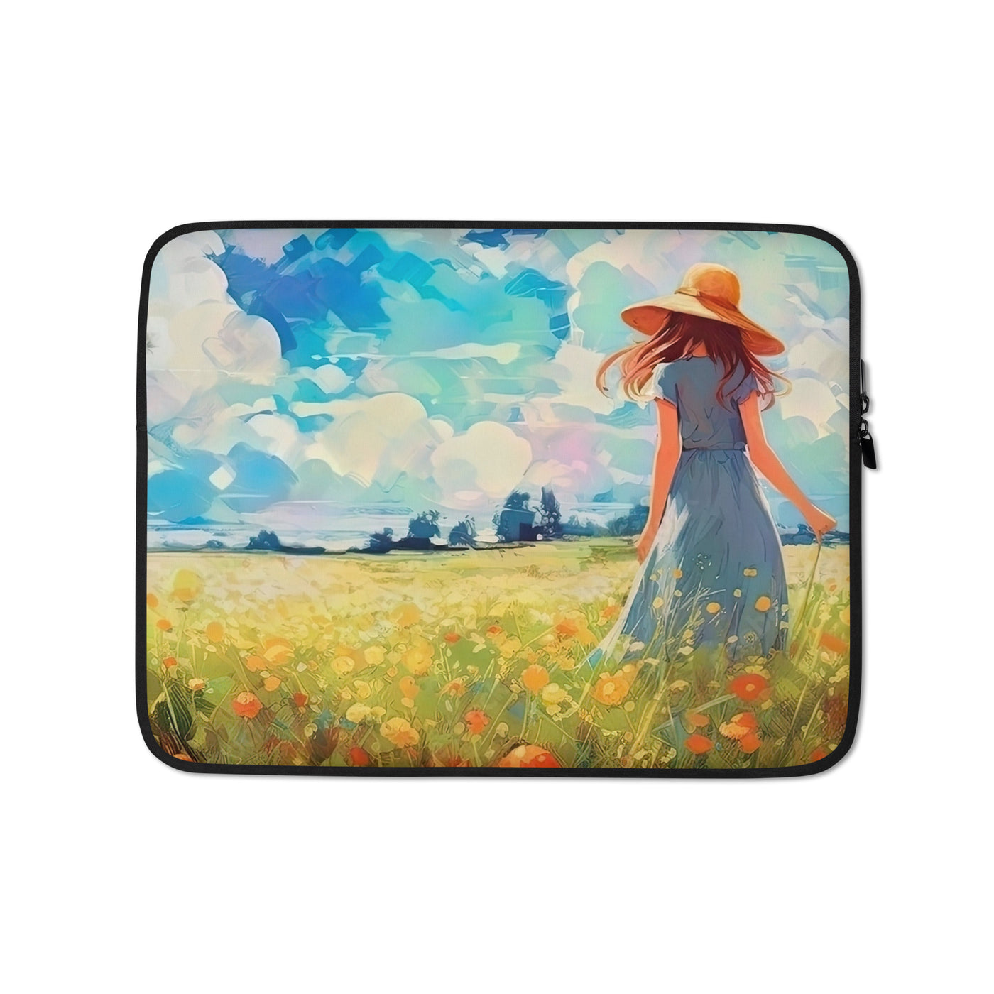 Dame mit Hut im Feld mit Blumen - Landschaftsmalerei - Laptophülle camping xxx 13″