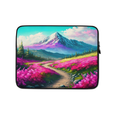 Berg, pinke Blumen und Wanderweg - Landschaftsmalerei - Laptophülle berge xxx 13″