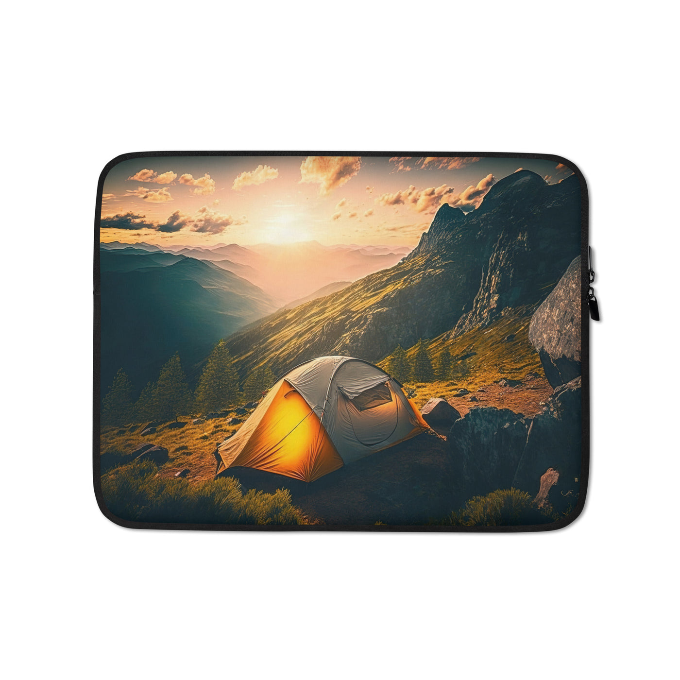 Zelt auf Berg im Sonnenaufgang - Landschafts - Laptophülle camping xxx 13″