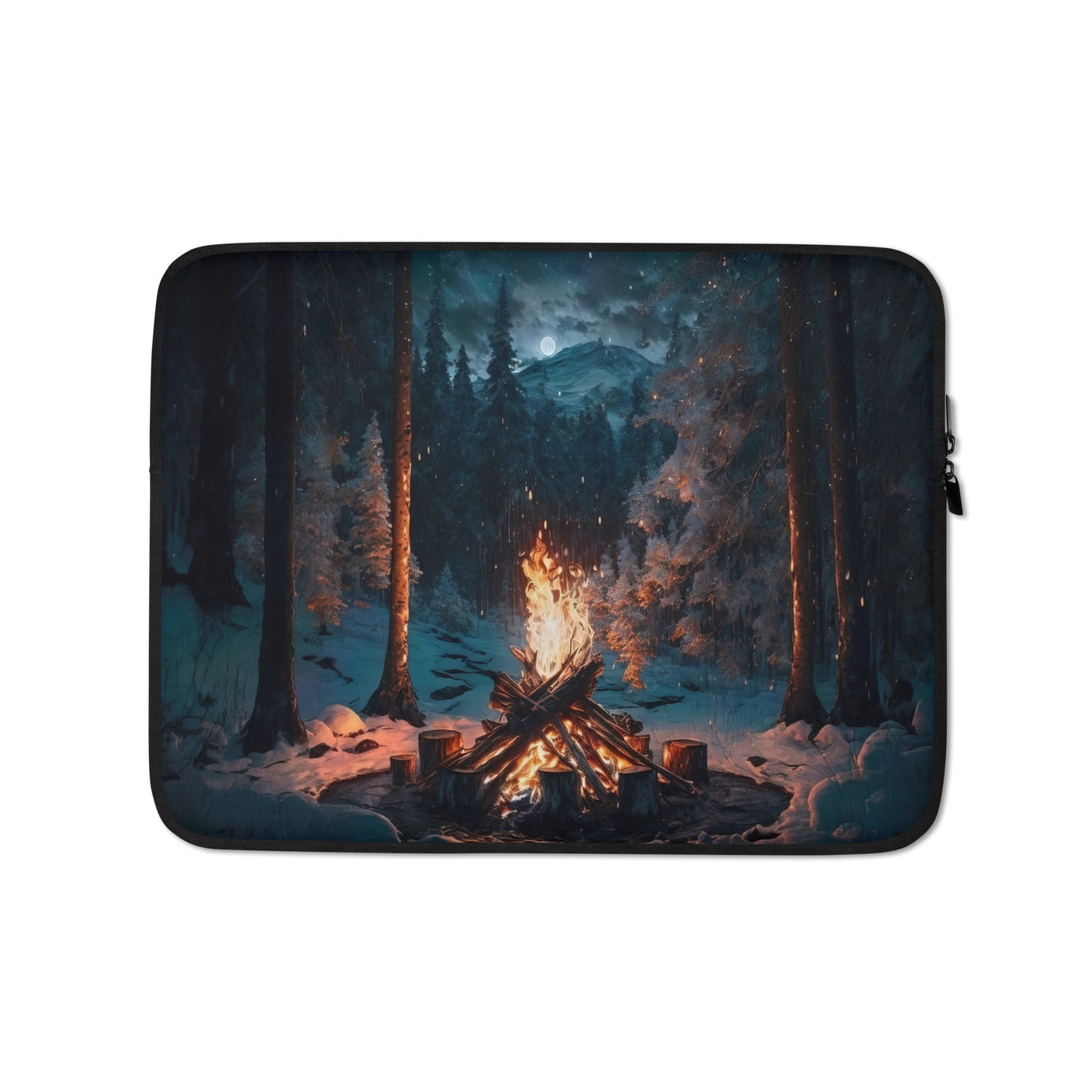 Lagerfeuer beim Camping - Wald mit Schneebedeckten Bäumen - Malerei - Laptophülle camping xxx 13″