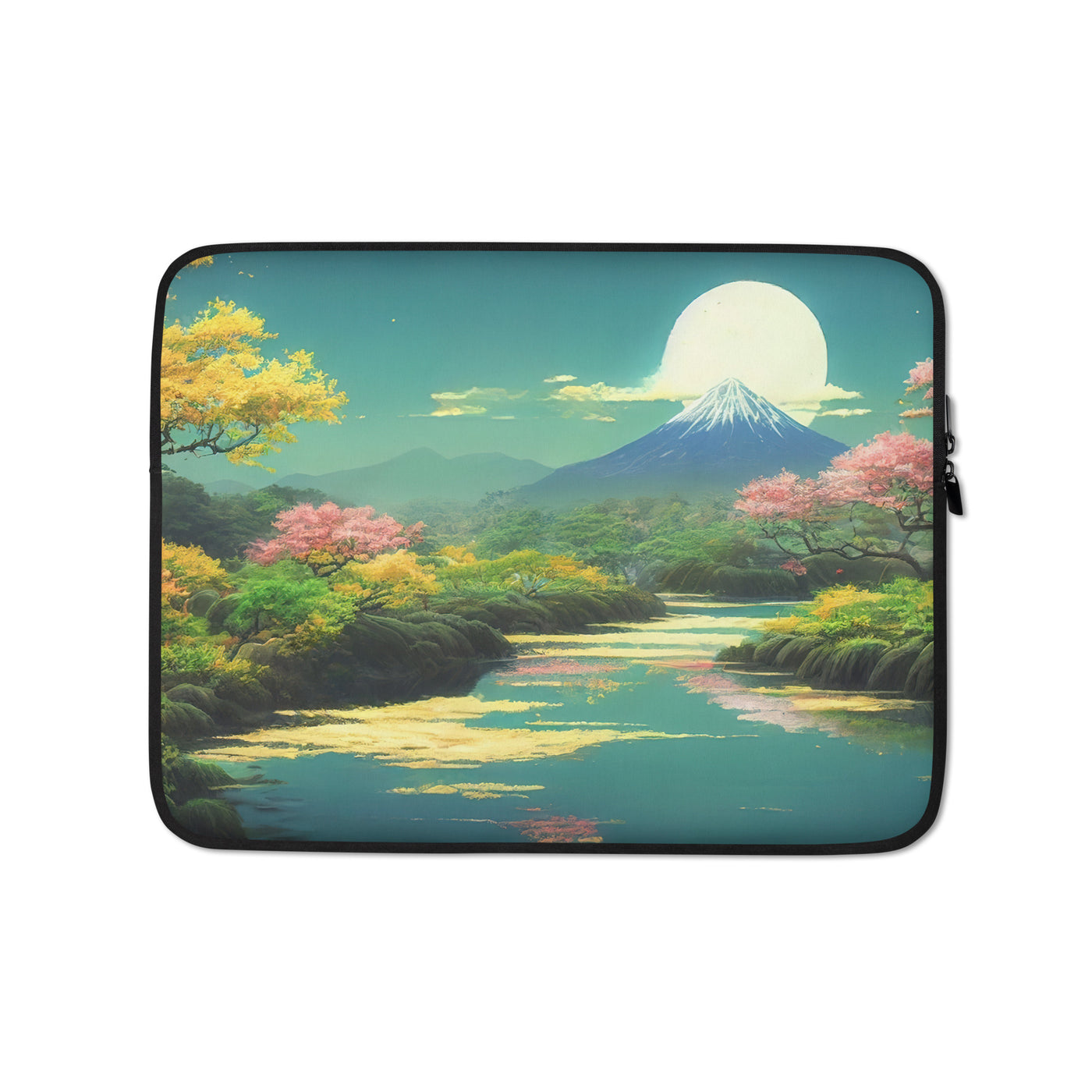 Berg, See und Wald mit pinken Bäumen - Landschaftsmalerei - Laptophülle berge xxx 13″
