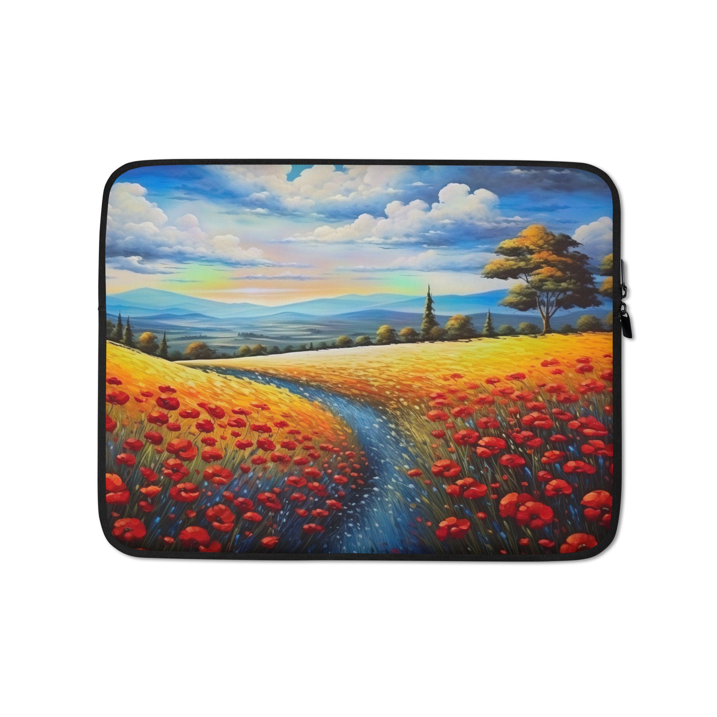 Feld mit roten Blumen und Berglandschaft - Landschaftsmalerei - Laptophülle berge xxx 13″