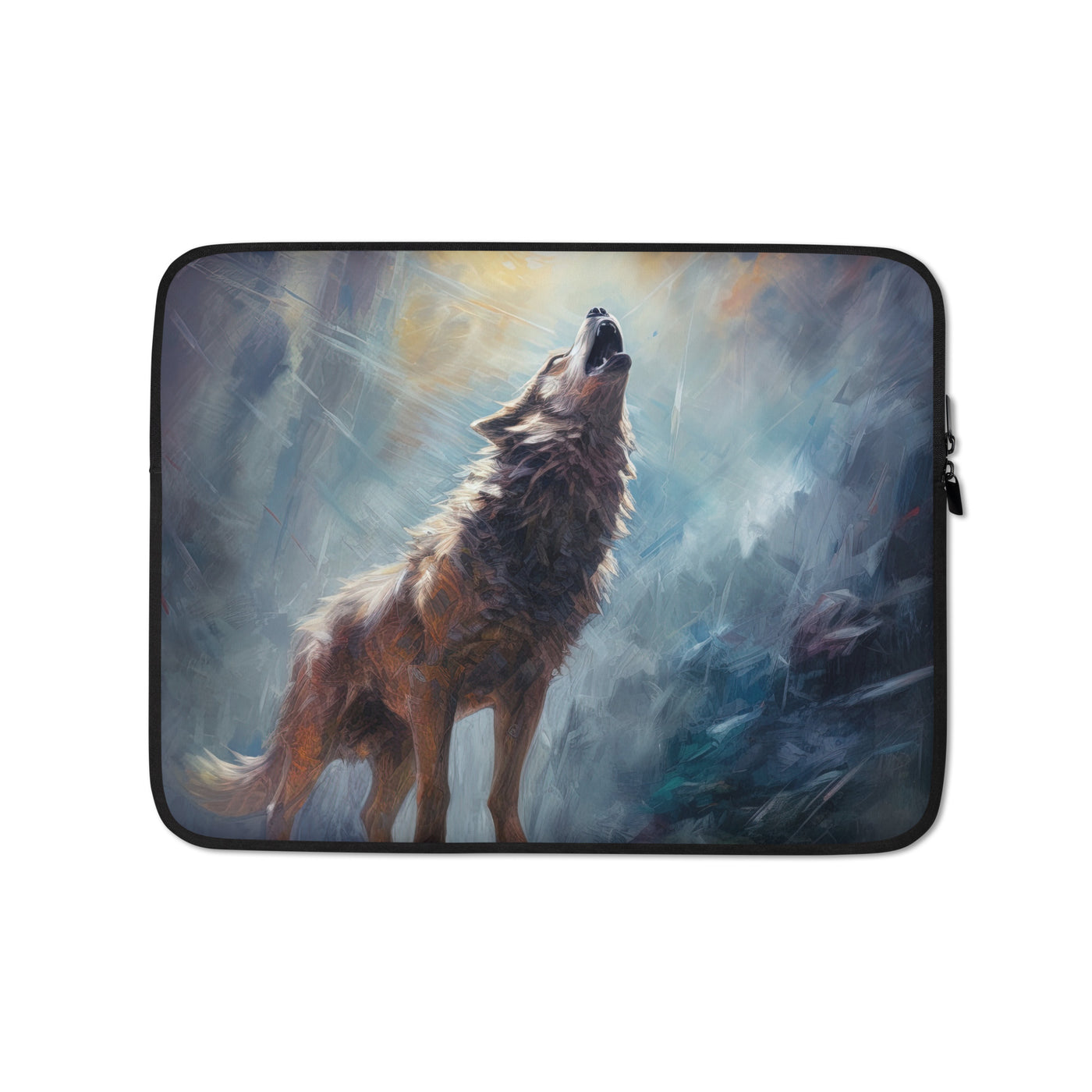 Heulender Wolf auf Berggipfel und Mond im Hintergrund – Abstrakte Malerei - Laptophülle camping xxx 13″