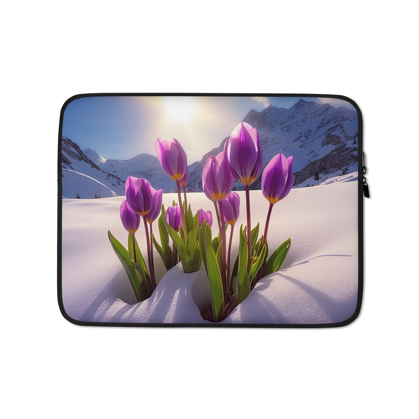 Tulpen im Schnee und in den Bergen - Blumen im Winter - Laptophülle berge xxx 13″