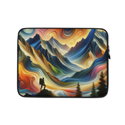 Abstraktes Kunstgemälde der Alpen mit wirbelnden, lebendigen Farben und dynamischen Mustern. Wanderer Silhouette - Laptophülle wandern xxx yyy zzz 13″