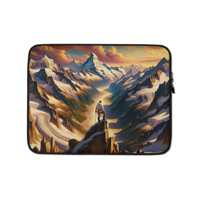 Ölgemälde eines Wanderers auf einem Hügel mit Panoramablick auf schneebedeckte Alpen und goldenen Himmel - Laptophülle wandern xxx yyy zzz 13″