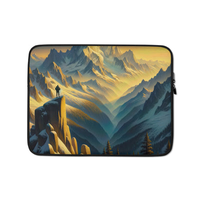 Ölgemälde eines Wanderers bei Morgendämmerung auf Alpengipfeln mit goldenem Sonnenlicht - Laptophülle wandern xxx yyy zzz 13″