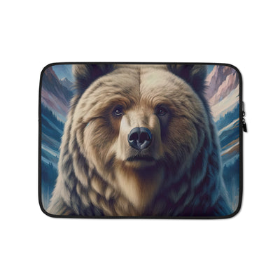 Foto eines Bären vor abstrakt gemalten Alpenbergen, Oberkörper im Fokus - Laptophülle camping xxx yyy zzz 13″