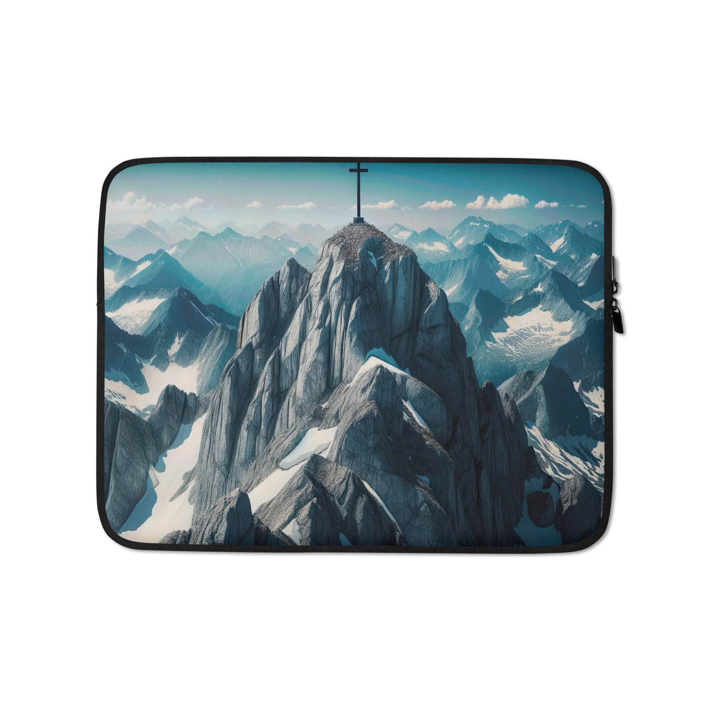 Foto der Alpen mit Gipfelkreuz an einem klaren Tag, schneebedeckte Spitzen vor blauem Himmel - Laptophülle berge xxx yyy zzz 13″