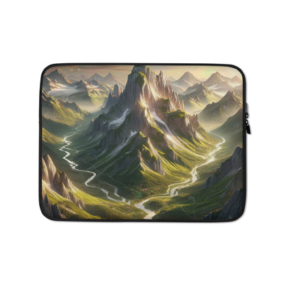 Fotorealistisches Bild der Alpen mit österreichischer Flagge, scharfen Gipfeln und grünen Tälern - Laptophülle berge xxx yyy zzz 13″