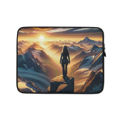 Fotorealistische Darstellung der Alpen bei Sonnenaufgang, Wanderin unter einem gold-purpurnen Himmel - Laptophülle wandern xxx yyy zzz 13″