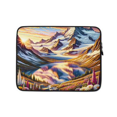 Quadratische Illustration der Alpen mit schneebedeckten Gipfeln und Wildblumen - Laptophülle berge xxx yyy zzz 13″