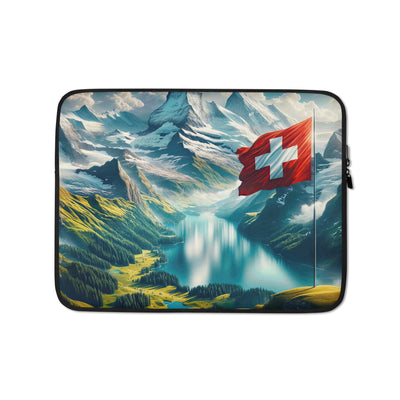 Ultraepische, fotorealistische Darstellung der Schweizer Alpenlandschaft mit Schweizer Flagge - Laptophülle berge xxx yyy zzz 13″