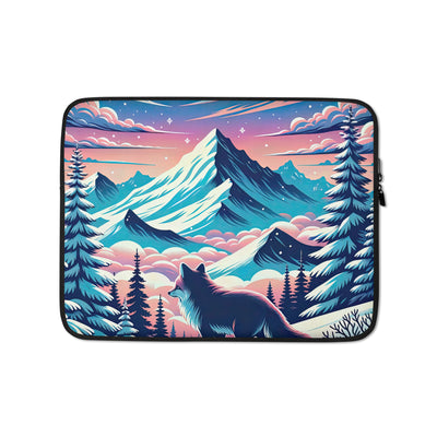 Vektorgrafik eines alpinen Winterwunderlandes mit schneebedeckten Kiefern und einem Fuchs - Laptophülle camping xxx yyy zzz 13″