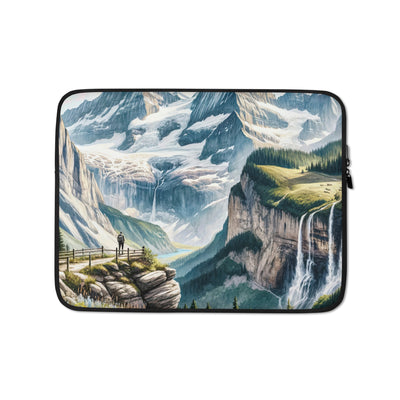 Aquarell-Panoramablick der Alpen mit schneebedeckten Gipfeln, Wasserfällen und Wanderern - Laptophülle wandern xxx yyy zzz 13″