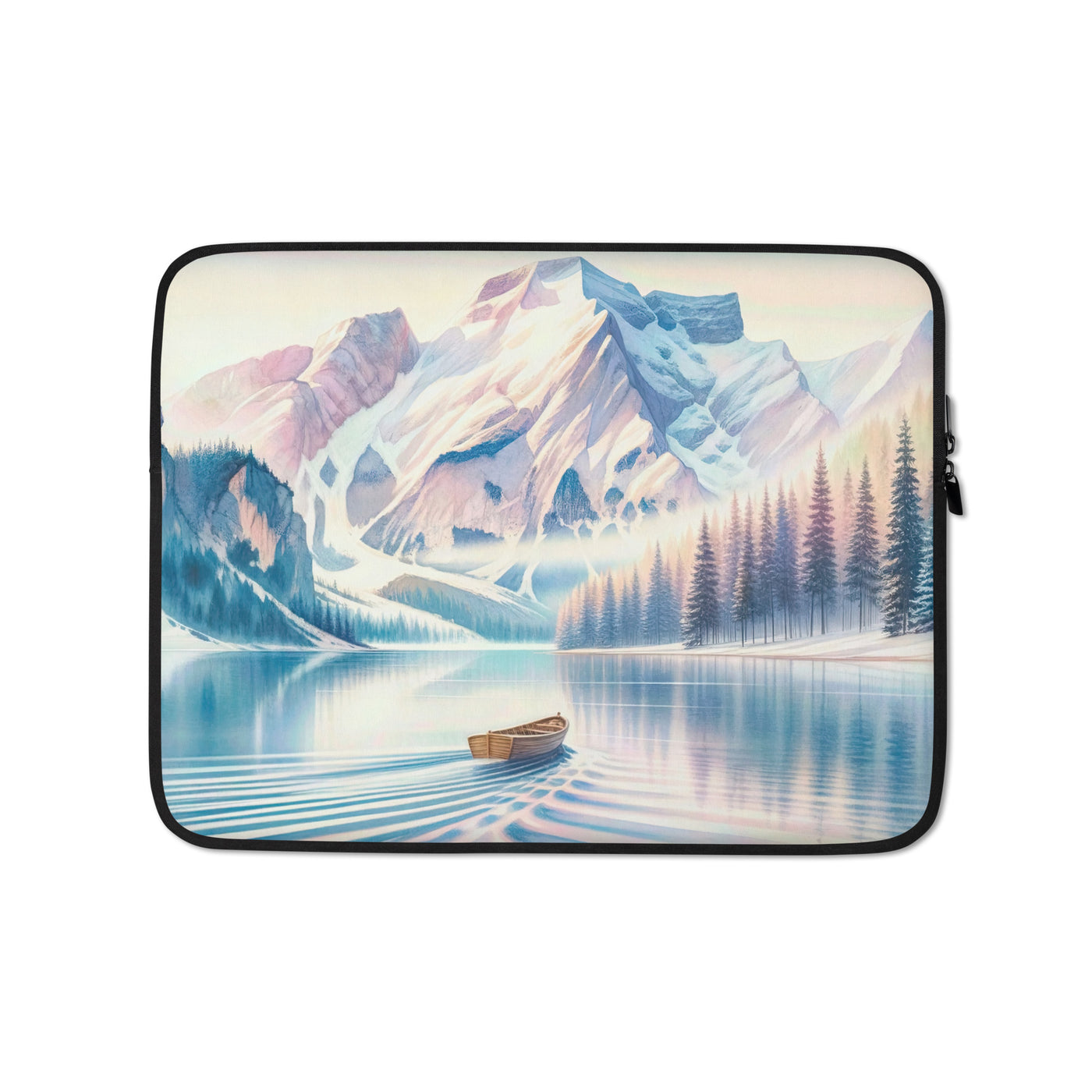 Aquarell eines klaren Alpenmorgens, Boot auf Bergsee in Pastelltönen - Laptophülle berge xxx yyy zzz 13″